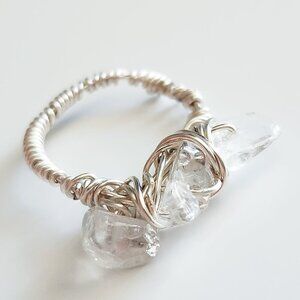 Triple white translucent crystal gemstones on silver wire ring